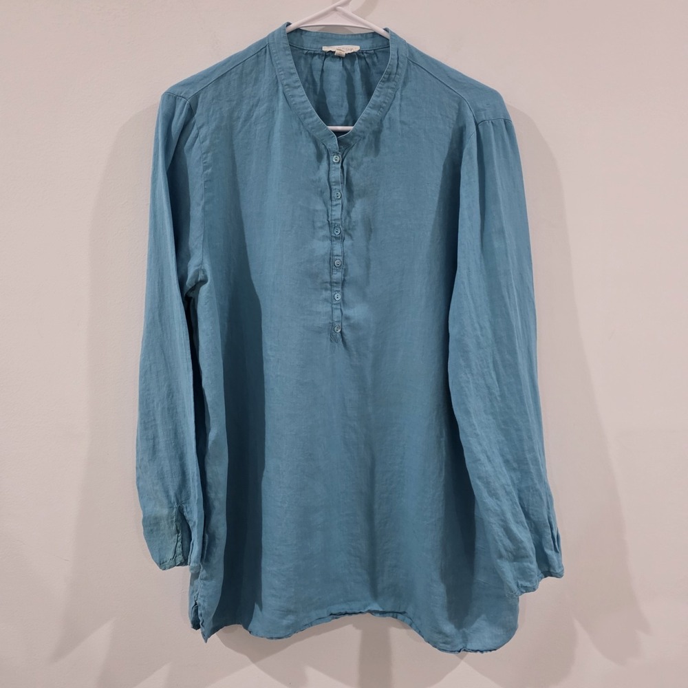 Eileen Fisher Womens Top Size Large Organic Irish Linen Blue Popover